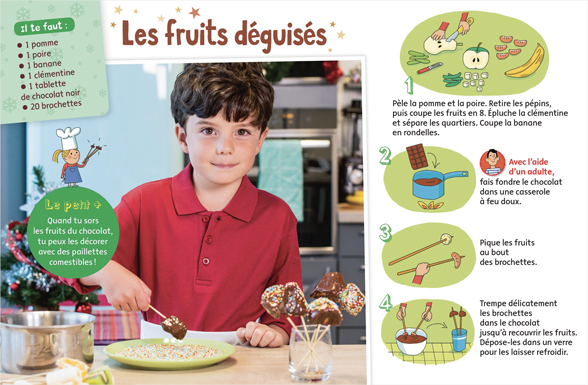 “5 recettes chocolatées”, Youpi, n° 351, décembre 2017. Conception et textes : Pablo Thiollier-Serrano. Photos : Philippe Ughetto. Illustrations : Marion Piffaretti.