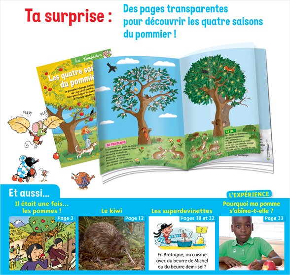 Ta surprise : des pages transparentes pour découvrir les quatre saisons du pommier ! Youpi n°372, septembre 2019
