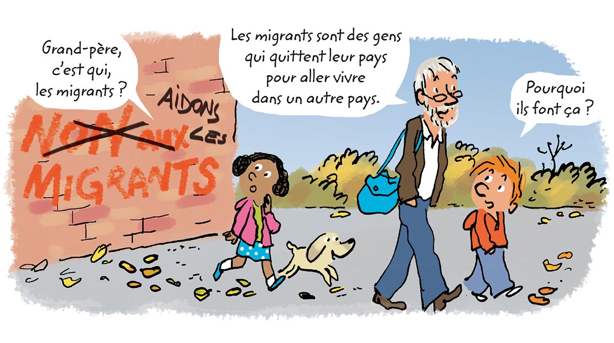 “Les mots de l'actu, des mots pour comprendre le monde - Migrant”, Youpi n°373, octobre 2019. Texte : Bertrand Fichou. Illustration : Robin.