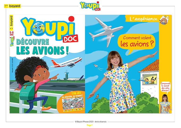 Comment volent les avions ? Youpi n°417, juin 2023. © Photo : Rebecca Josset. Illustration : Rémi Saillard.