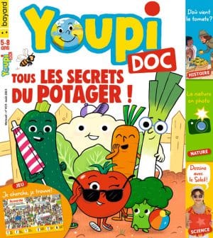 Couverture de Youpi Doc, n°419, août 2023 - Tous les secrets du potager ! - D'où vient la tomate ? - La nature en photo : une fleur de tomate - Dessine avec le Soleil !