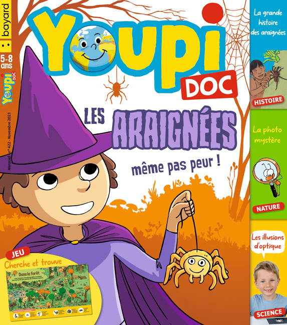 Couverture du magazine Youpi Doc, n°422, novembre 2023. Les araignées, même pas peur !