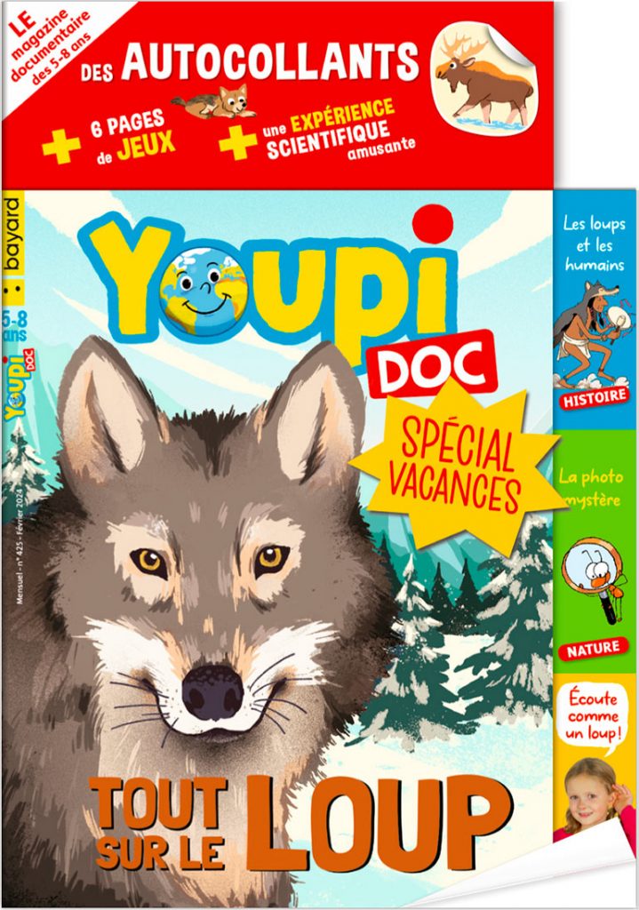 Magazine Youpi Doc spécial vacances avec des autocollants, 6 pages de jeux et une expérience scientifique amusante - n°425, février 2024.